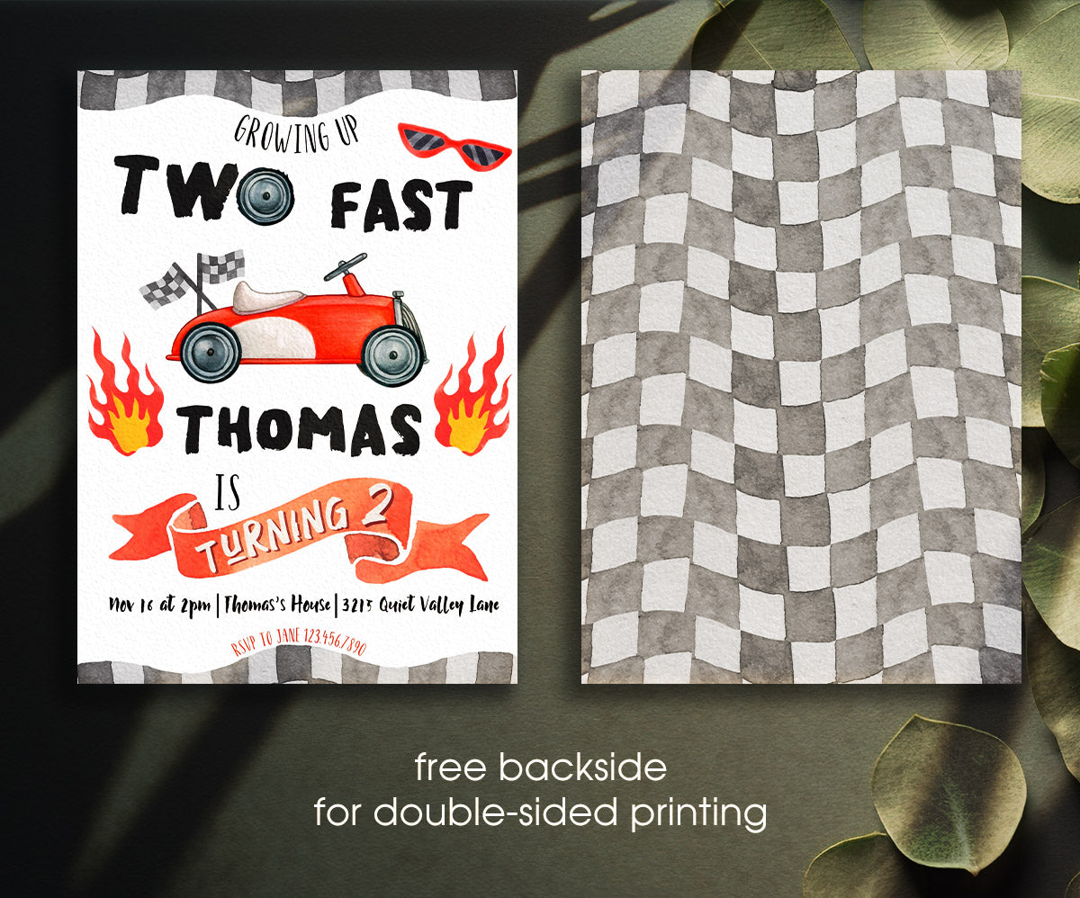 Race Car 2nd Bday Watercolor customizable invitation template | Share or Print | boy | RB042