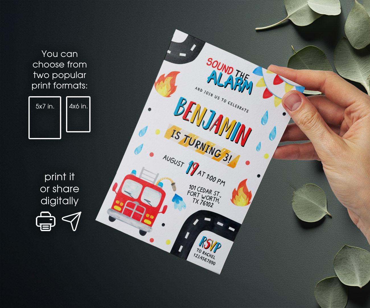 Firetruck Firefighter Fire Truck customizable invitation template | Share or Print | boy | FY130