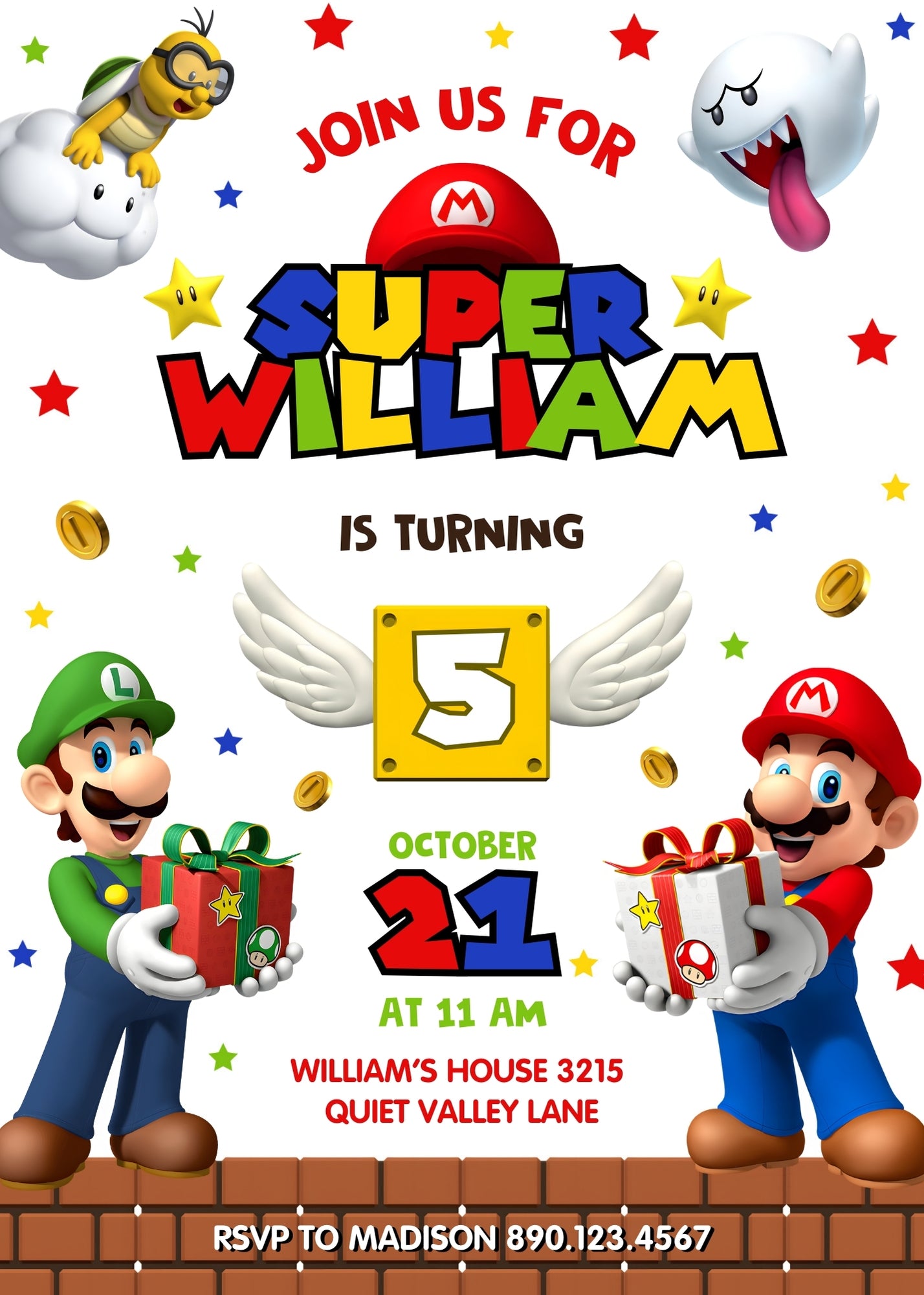 Super Mario Bros customizable invitation template | Share or Print | FJ133