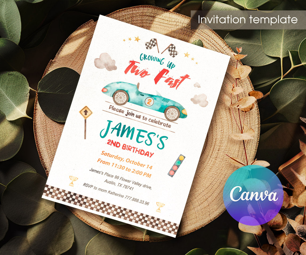 Race Car 2nd Bday Watercolor customizable invitation template | Share or Print | boy | OB232