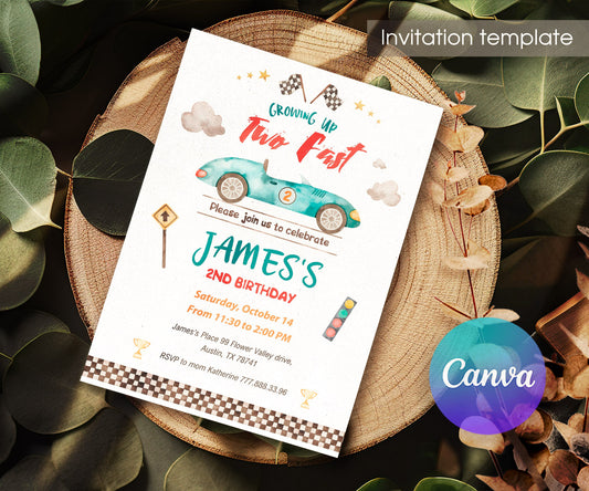 Race Car 2nd Bday Watercolor customizable invitation template | Share or Print | boy | OB232