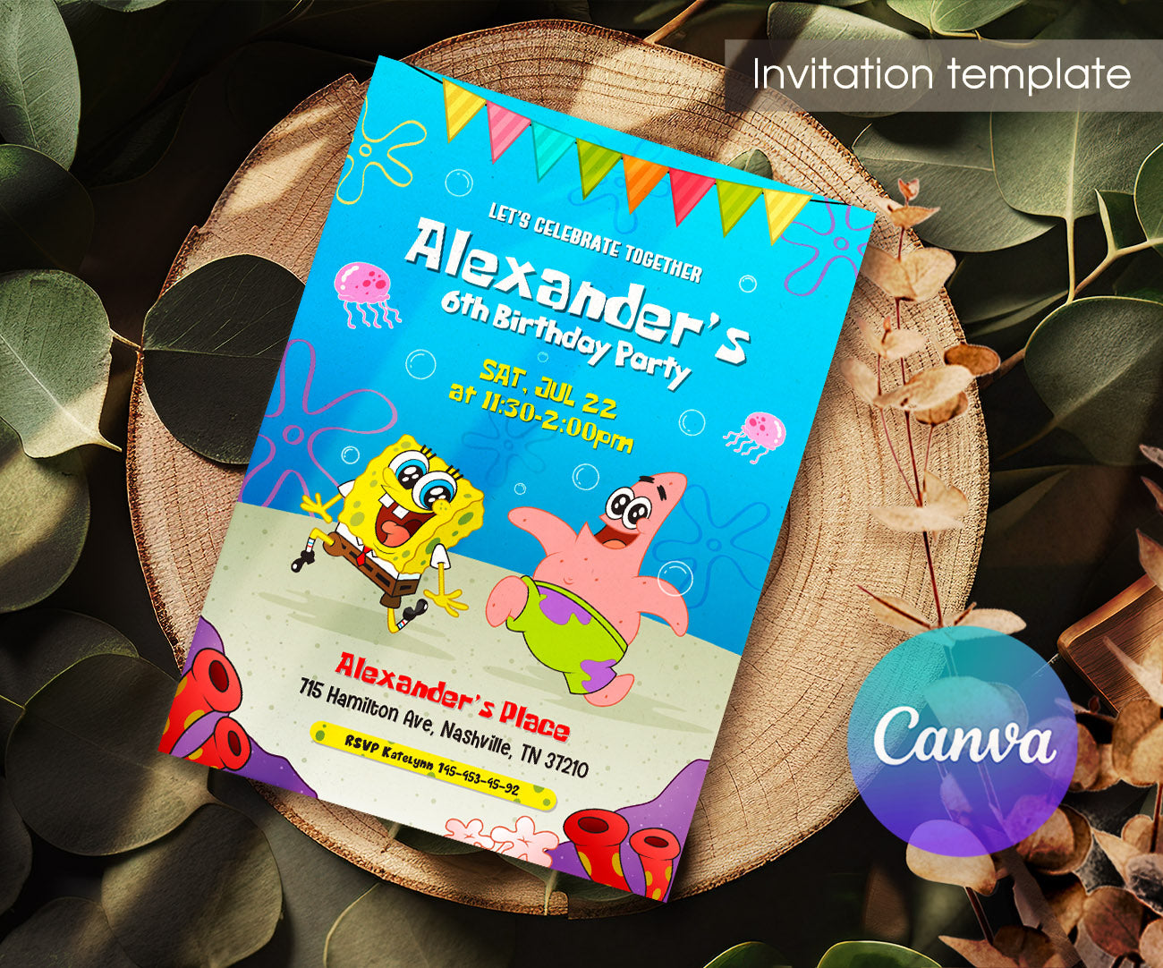 SpongeBob SquarePant customizable invitation template | Share or Print | EG717