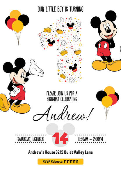 Mickey Mouse 1st Birthday customizable invitation template | Share or Print | QN529