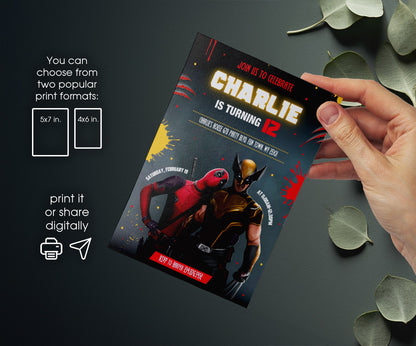 Deadpool Wolverine Marvel customizable invitation template | Share or Print | boy | EK329