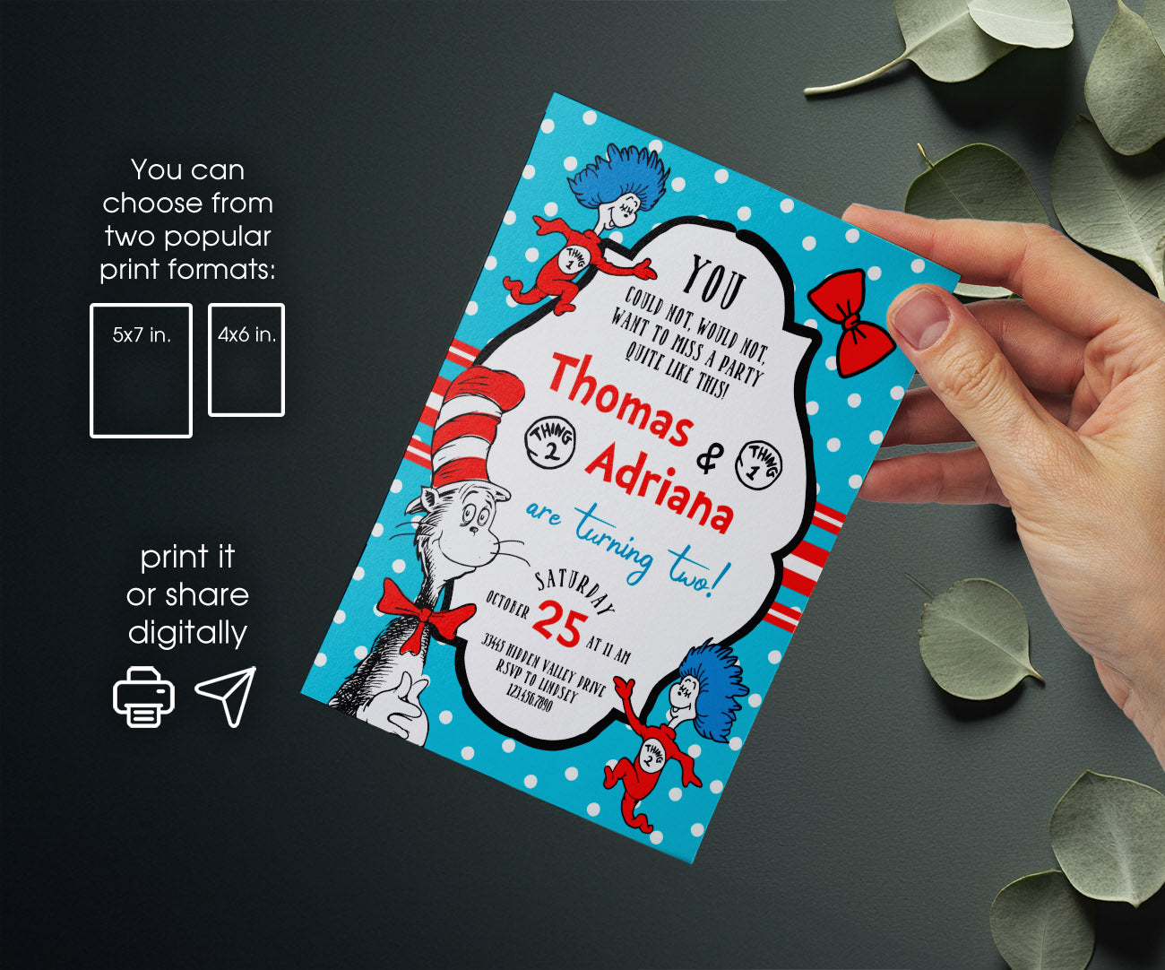 Dr Seuss The Cat in the Hat Twins customizable invitation template | Share or Print | BZ945