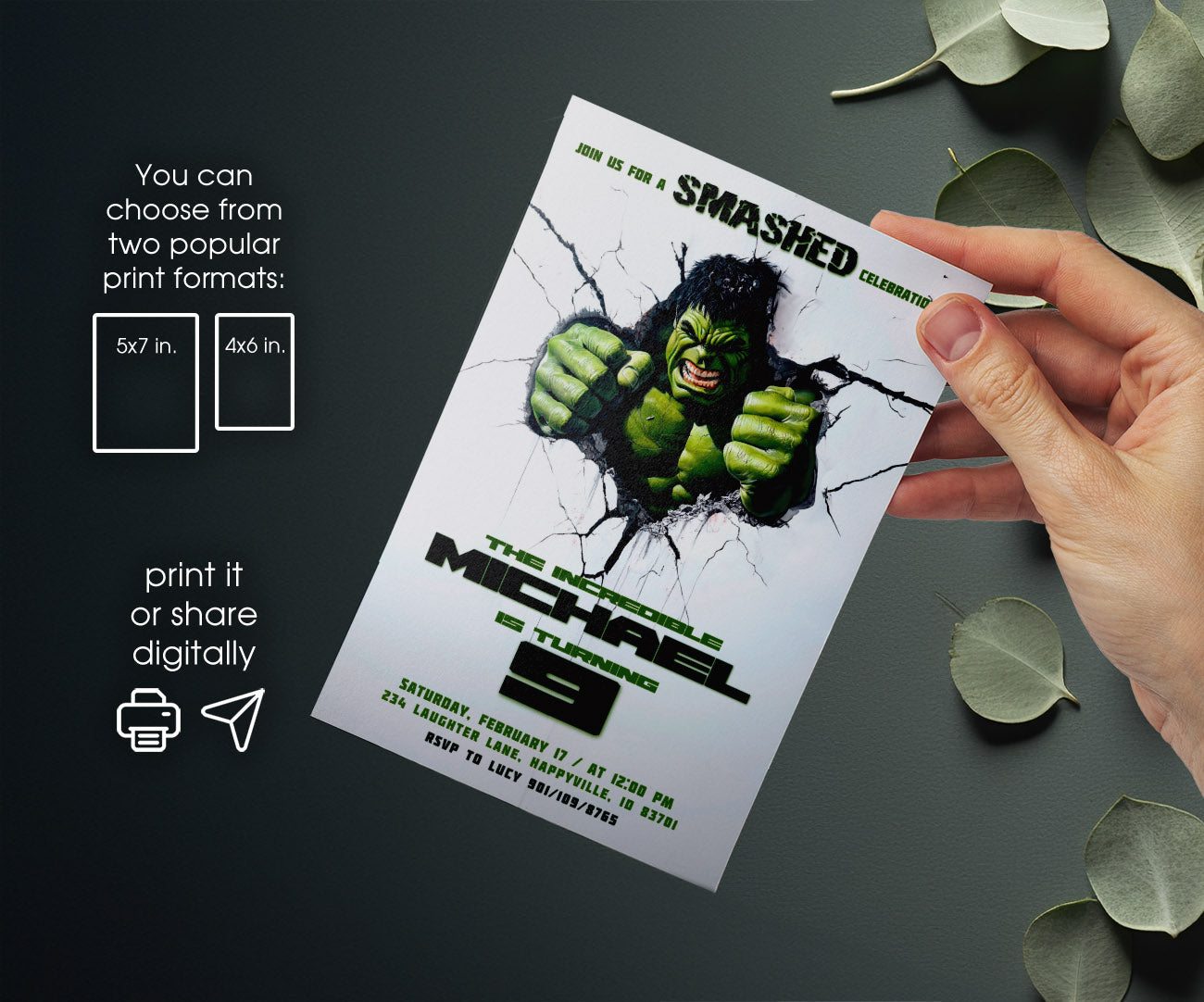 Hulk The Avengers Marvel Superhero customizable invitation template | Share or Print | boy | TU965