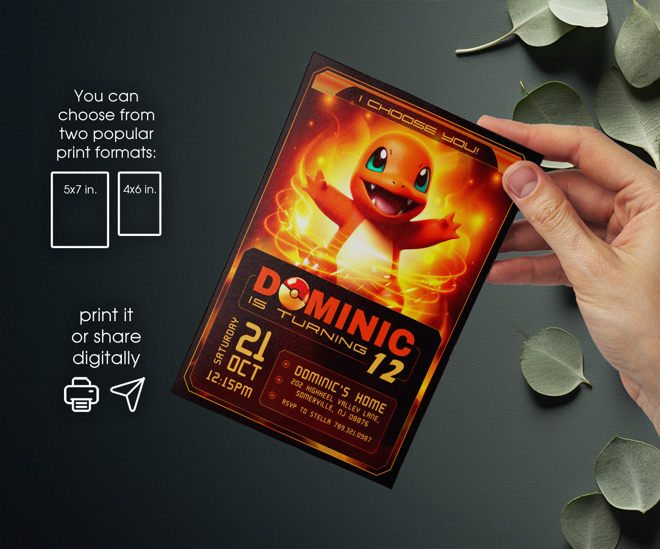 Charmander Pokemon Anime customizable invitation template | Share or Print | FA122