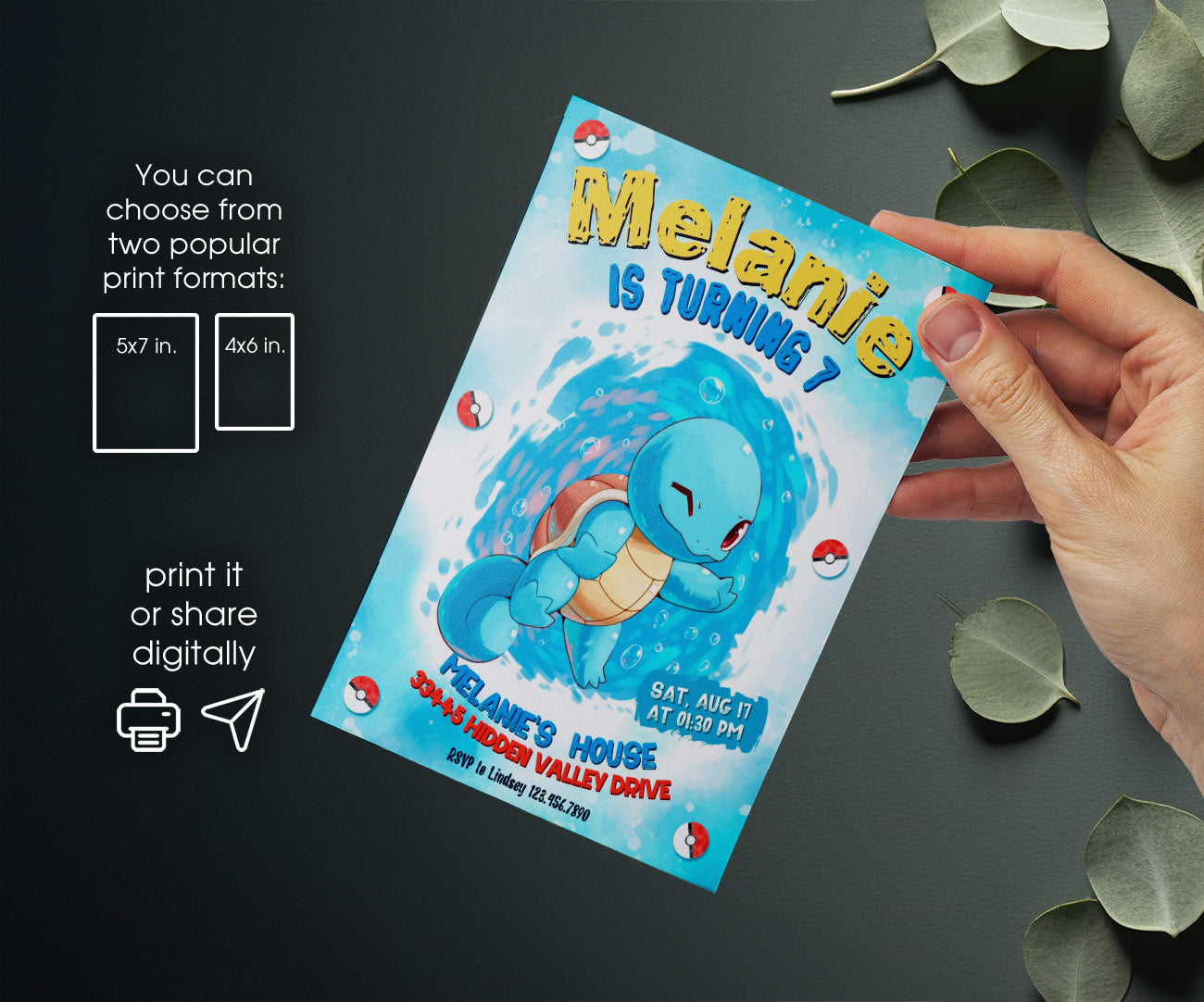 Squirtle Pokemon Anime customizable invitation template | Share or Print | XJ683