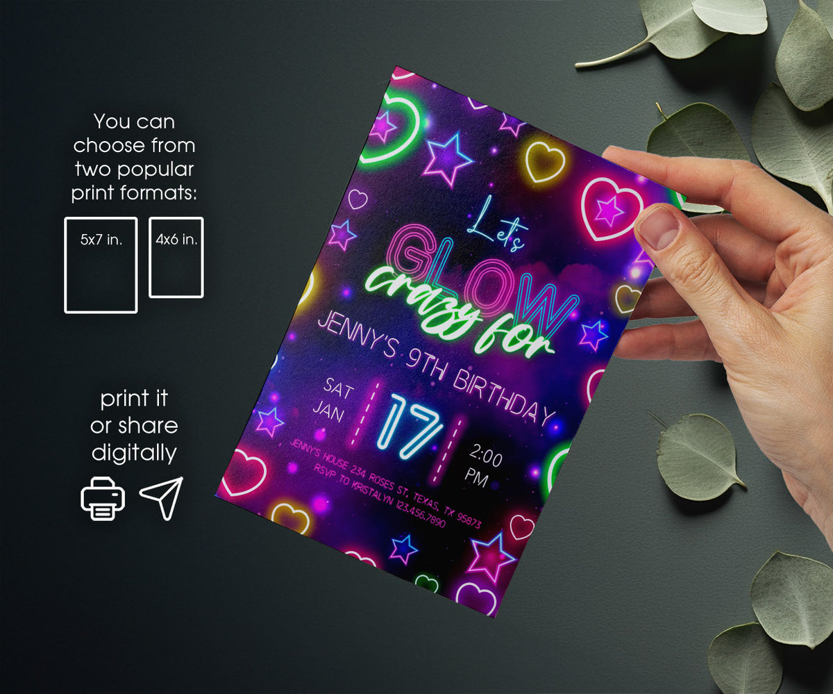 Lets Glow Crazy customizable invitation template | Share or Print | PM309