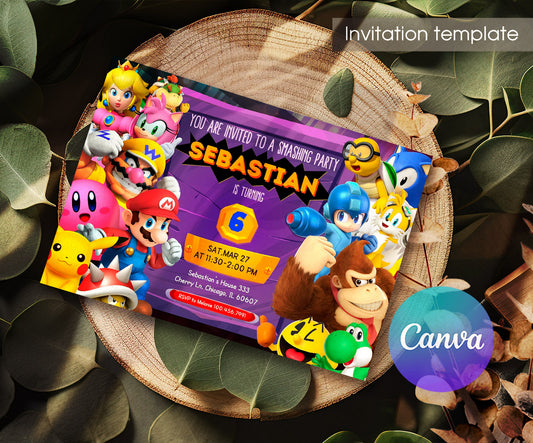 Super Smash Mario Bros customizable invitation template | Share or Print | DH608