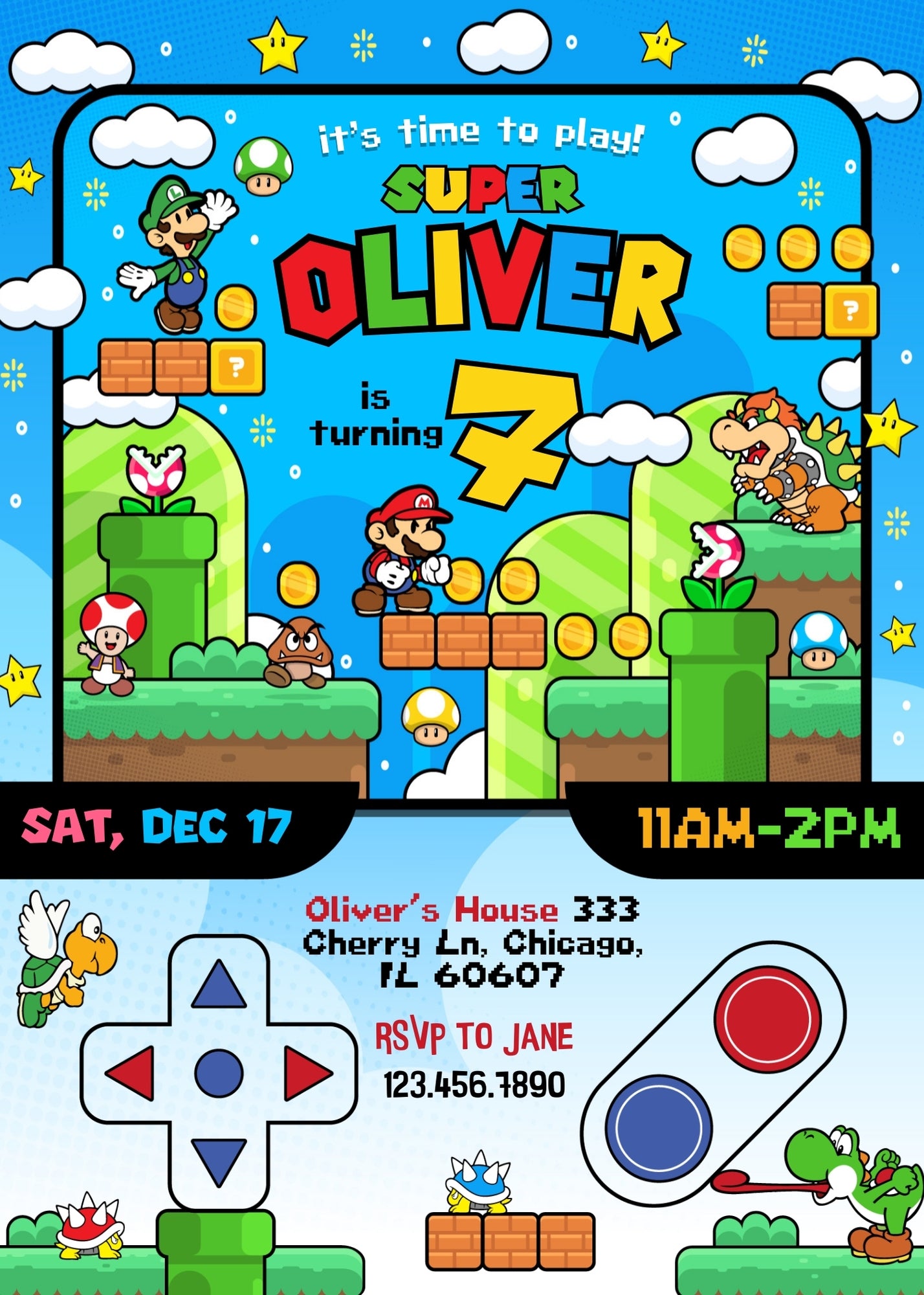 Super Mario Bros customizable invitation template | Share or Print | IG369