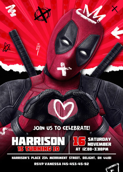 Deadpool Marvel customizable invitation template | Share or Print | boy | BM687
