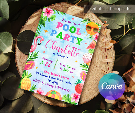 Pool Party customizable invitation template | Share or Print | girl | DL183
