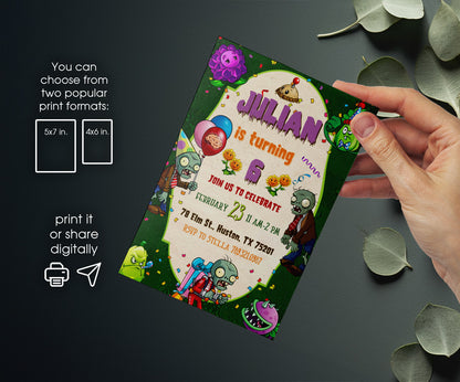 Plants vs Zombies Gamer customizable invitation template | Share or Print | GS742