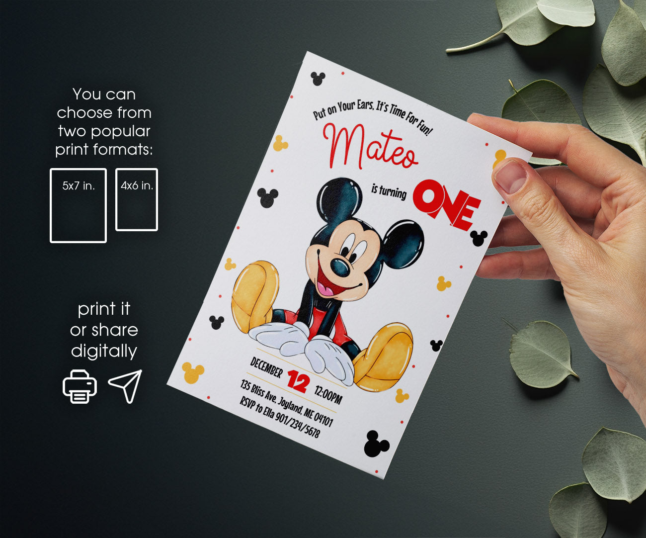Mickey Mouse 1st Birthday customizable invitation template | Share or Print | IM012