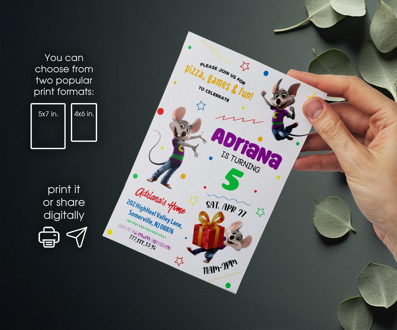 Chuck E. Cheese customizable invitation template | Share or Print | TK128
