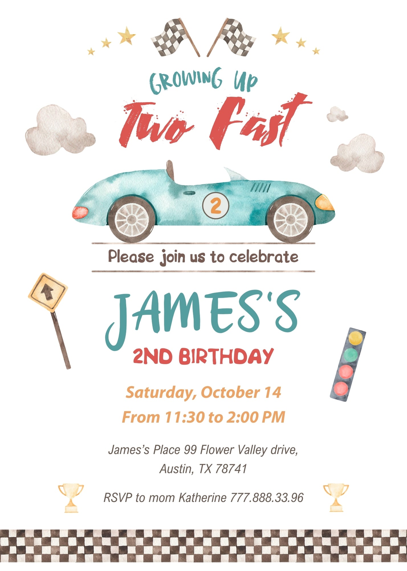 Race Car 2nd Bday Watercolor customizable invitation template | Share or Print | boy | OB232