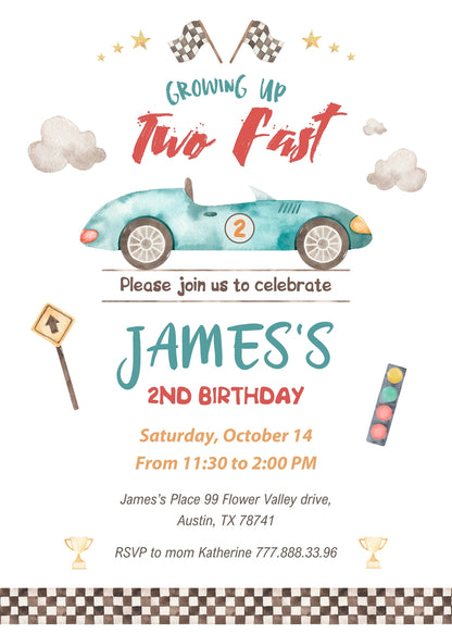Race Car 2nd Bday Watercolor customizable invitation template | Share or Print | boy | OB232