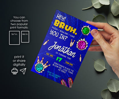 Bruh Bowling customizable invitation template | Share or Print | boy | UP585