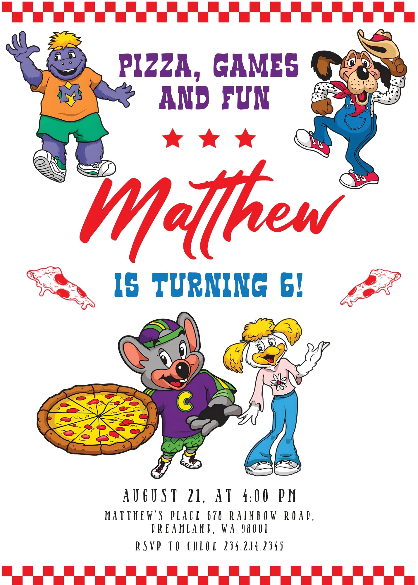 Chuck E. Cheese customizable invitation template | Share or Print | PJ685