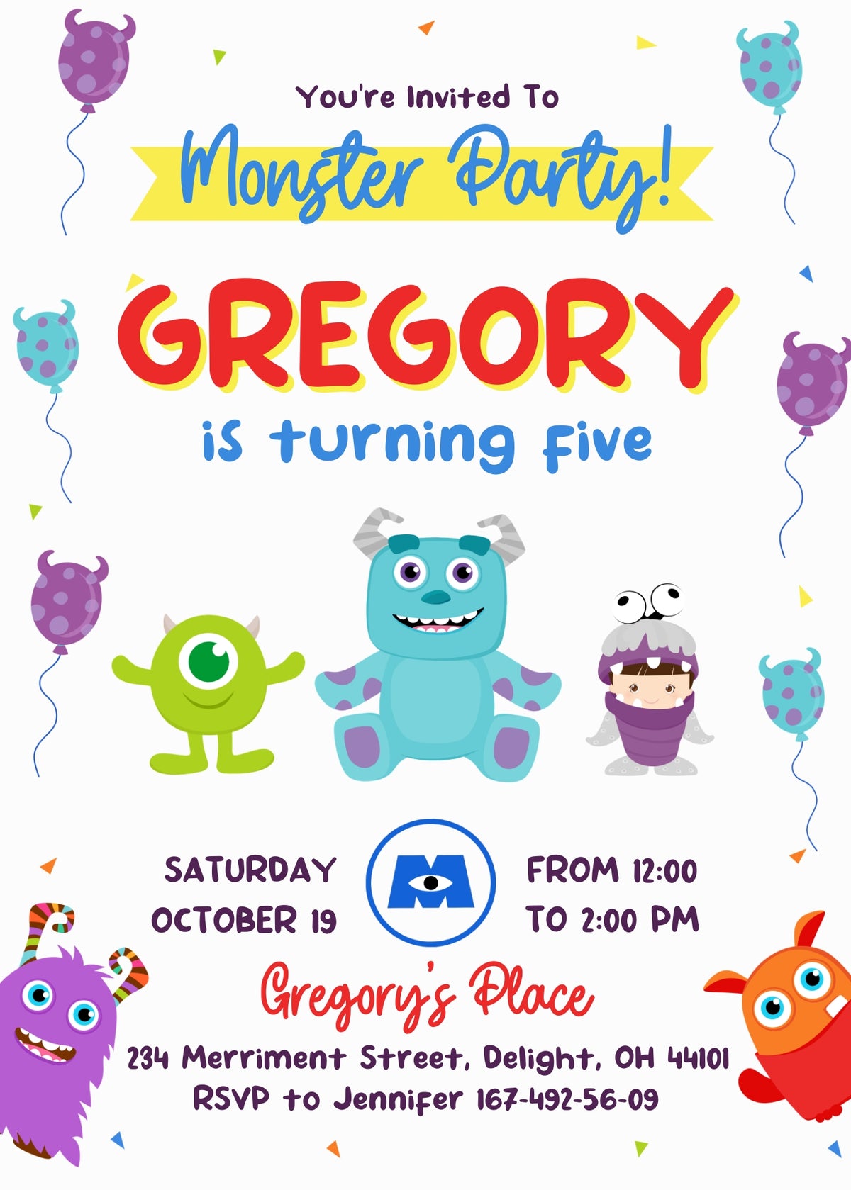 Monsters, Inc. customizable invitation template | Share or Print | EI603