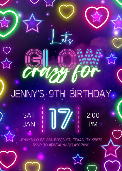 Lets Glow Crazy customizable invitation template | Share or Print | PM309