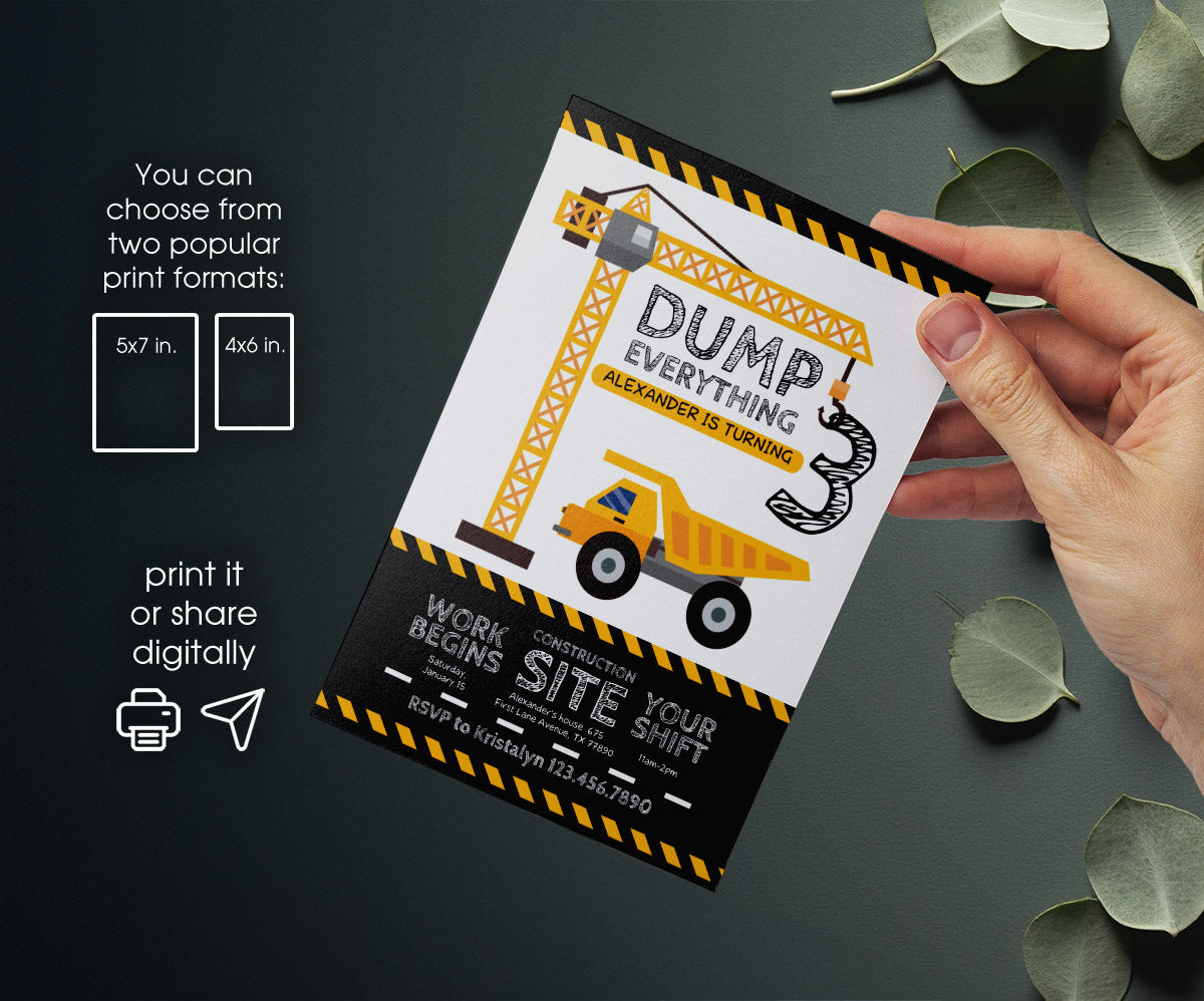 Dump Truck Construction customizable invitation template | Share or Print | boy | NO701