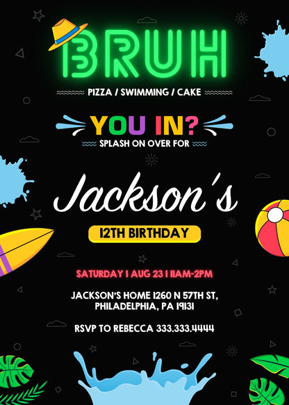 Bruh Pool customizable invitation template | Share or Print | boy | PH240