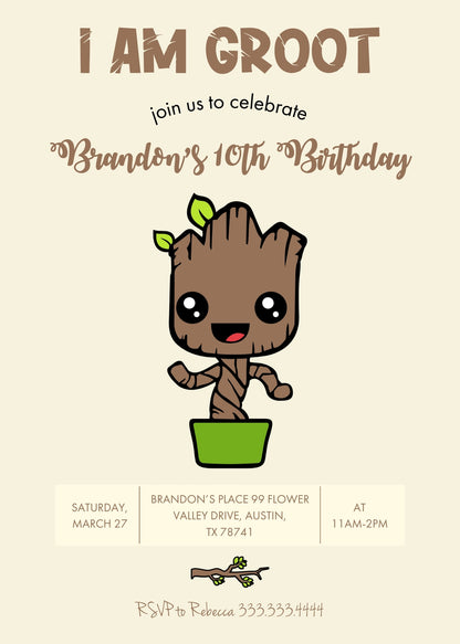 Groot Guardians of the Galaxy Superhero customizable invitation template | Share or Print | IA186