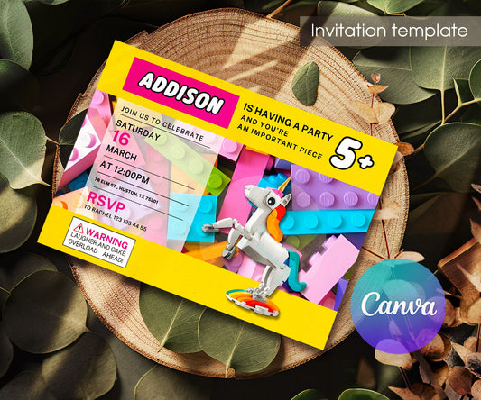 Lego Magical Unicorn customizable invitation template | Share or Print | girl | HF536