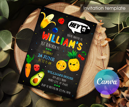 Hey Bear Sensory Dancing Fruits customizable invitation template | Share or Print | MY779