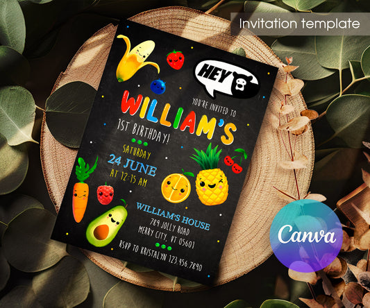 Hey Bear Sensory Dancing Fruits customizable invitation template | Share or Print | MY779