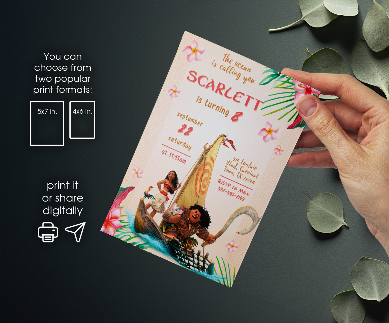Moana Princess customizable invitation template | Share or Print | girl | VZ178