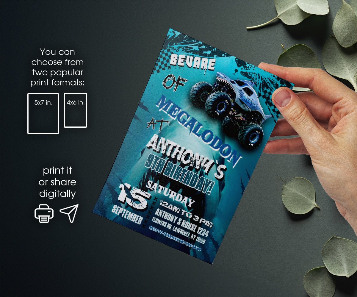 Megaldon Monster Jam Truck customizable invitation template | Share or Print | boy | VY175