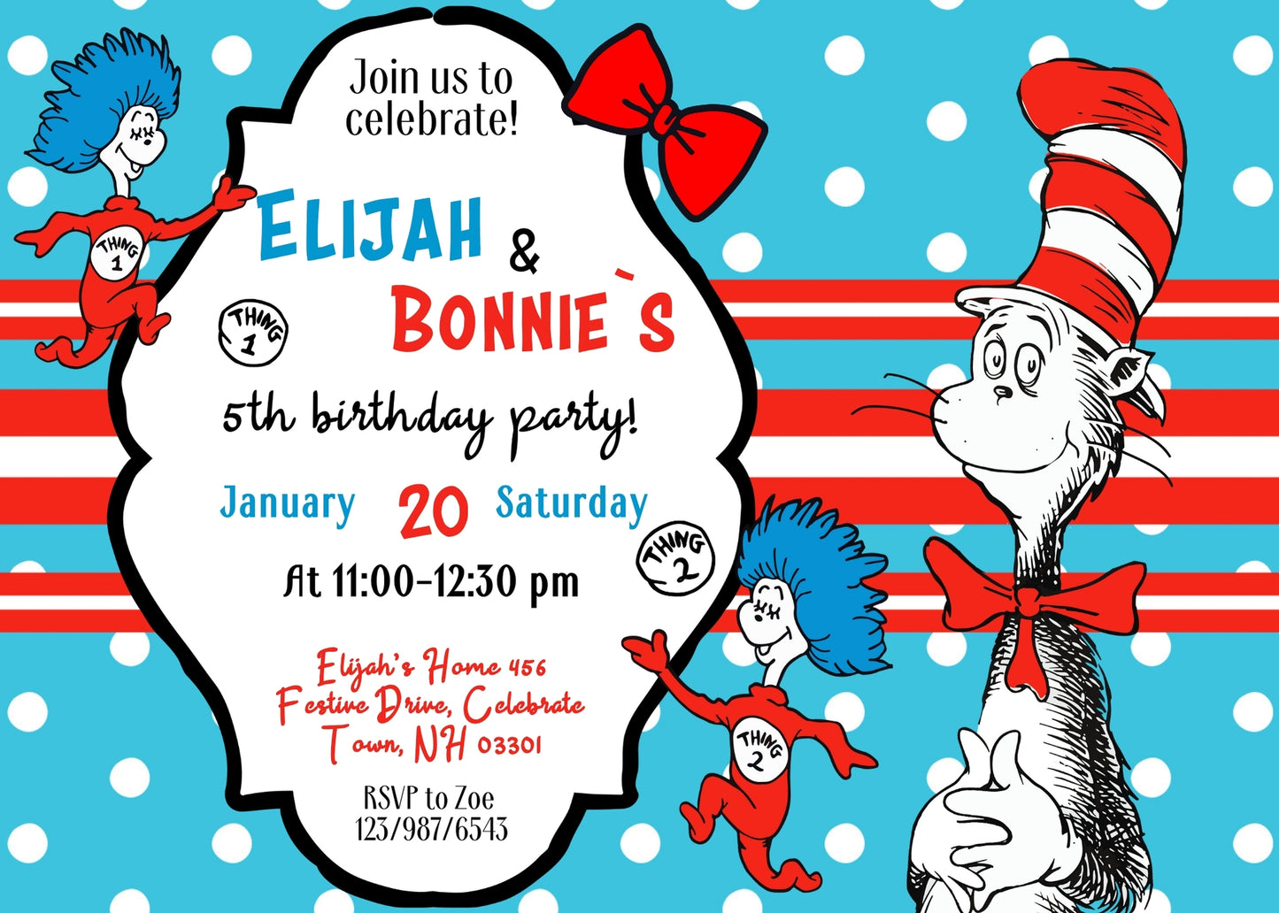 Dr Seuss The Cat in the Hat Twins customizable invitation template | Share or Print | IT925