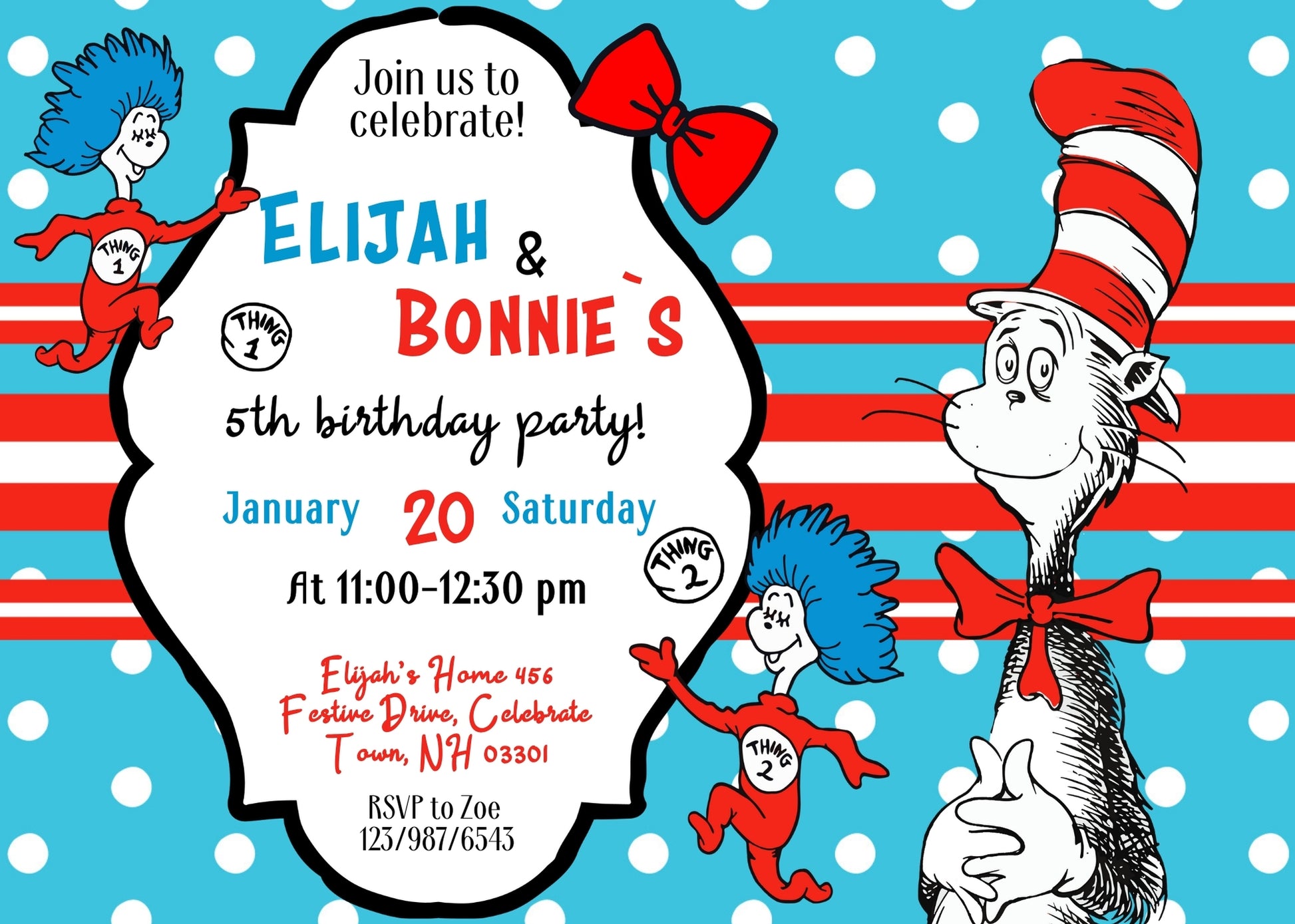 Dr Seuss The Cat in the Hat Twins customizable invitation template | Share or Print | IT925