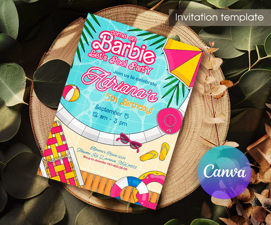 Barbie Pool Pink customizable invitation template | Share or Print | girl | CV745