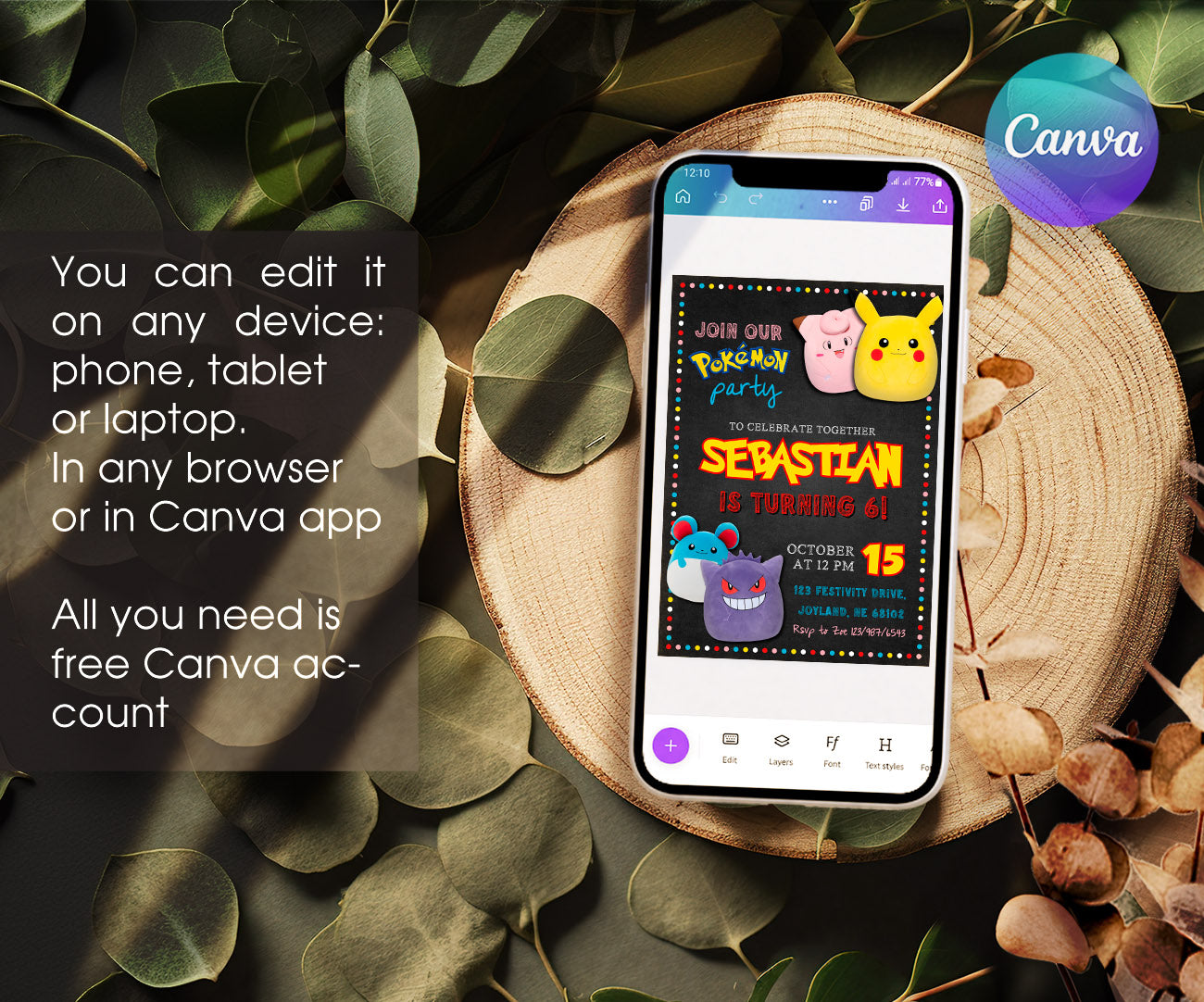 Squish Pokemon Pikachu customizable invitation template | Share or Print | CK354