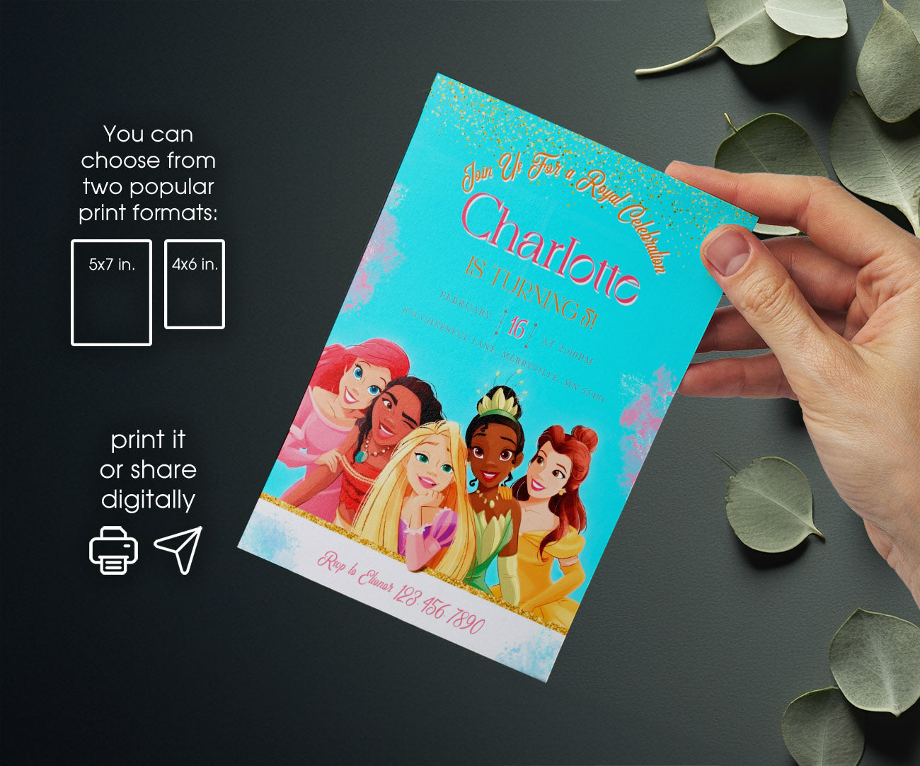 Disney Princess customizable invitation template | Share or Print | girl | UA976