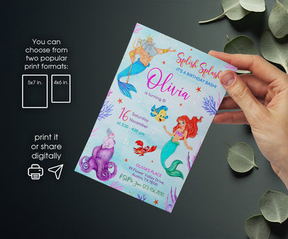 Ariel The Little Mermaid customizable invitation template | Share or Print | girl | DM230