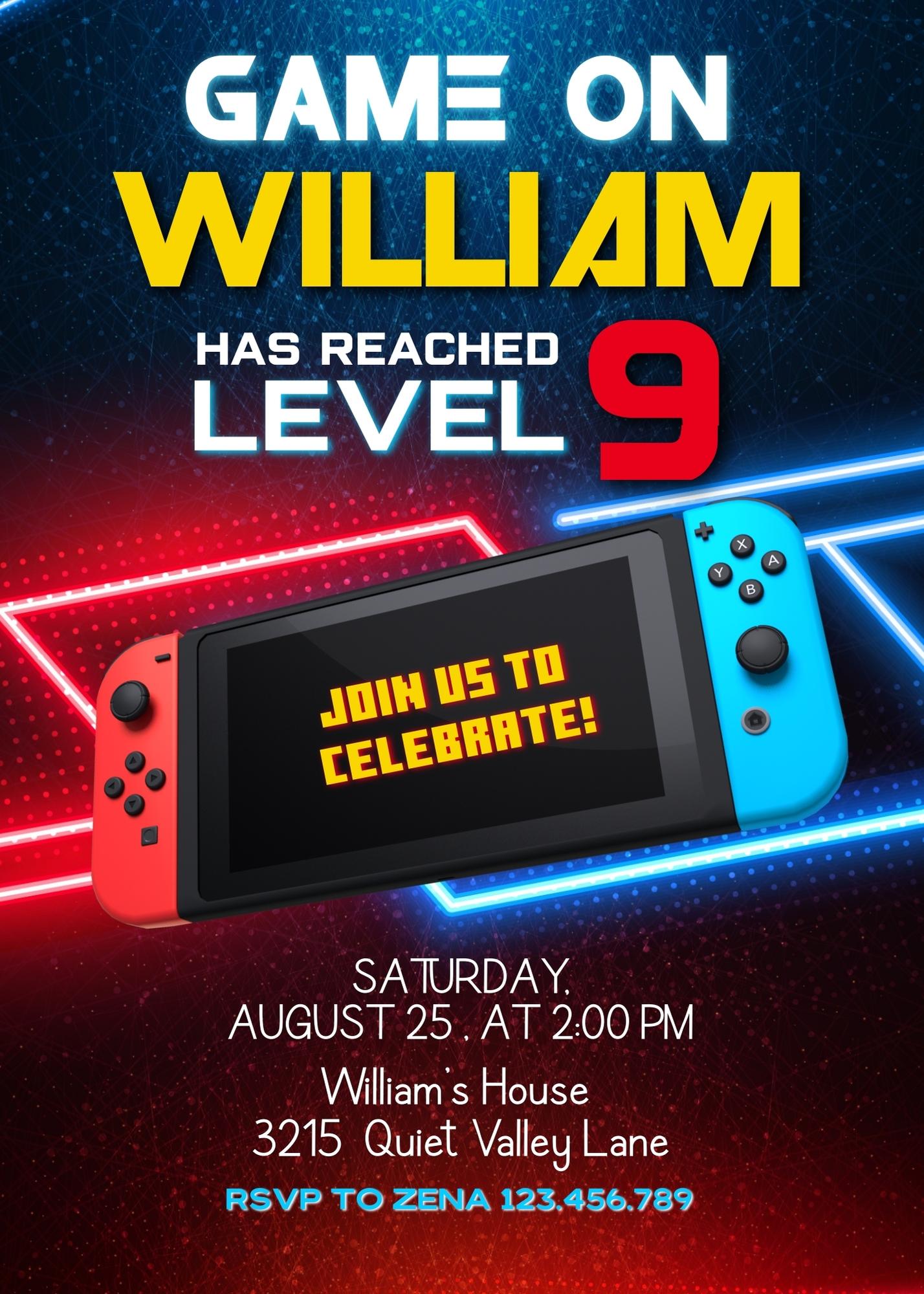 Nintendo Switch Gamer customizable invitation template | Share or Print | AE622