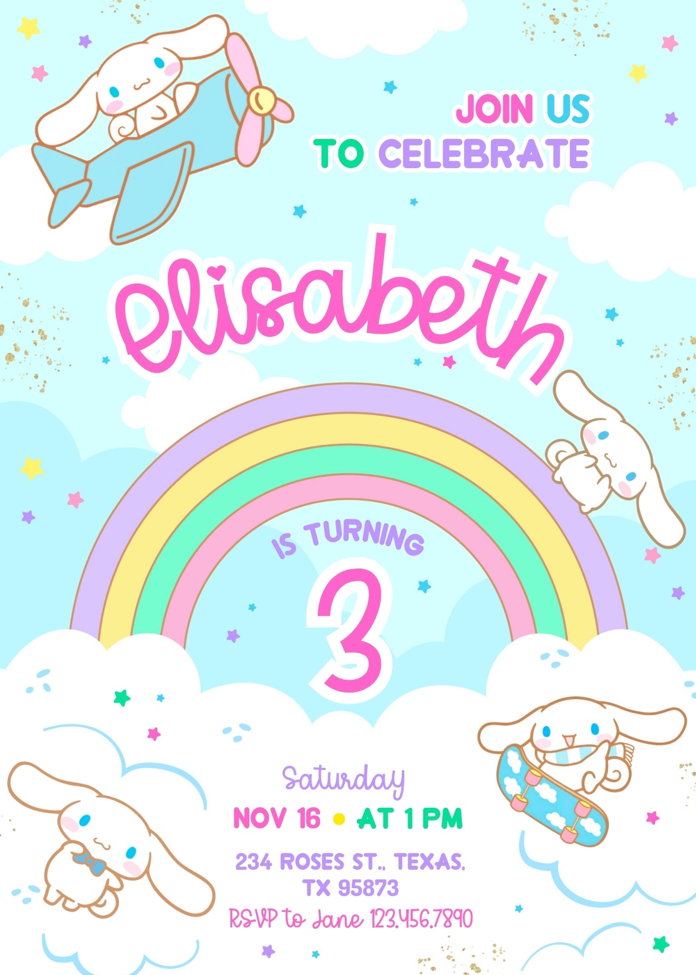 Cinnamoroll Hello Kitty Sanrio customizable invitation template | Share or Print | girl | UF594