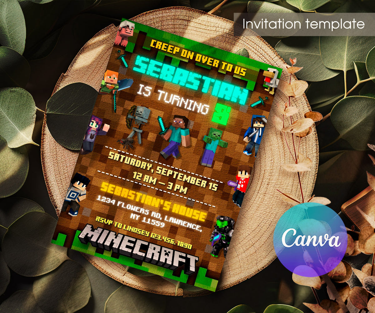 Minecraft Gamer customizable invitation template | Share or Print | BI535