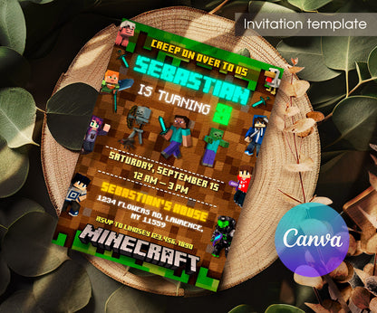 Minecraft Gamer customizable invitation template | Share or Print | BI535