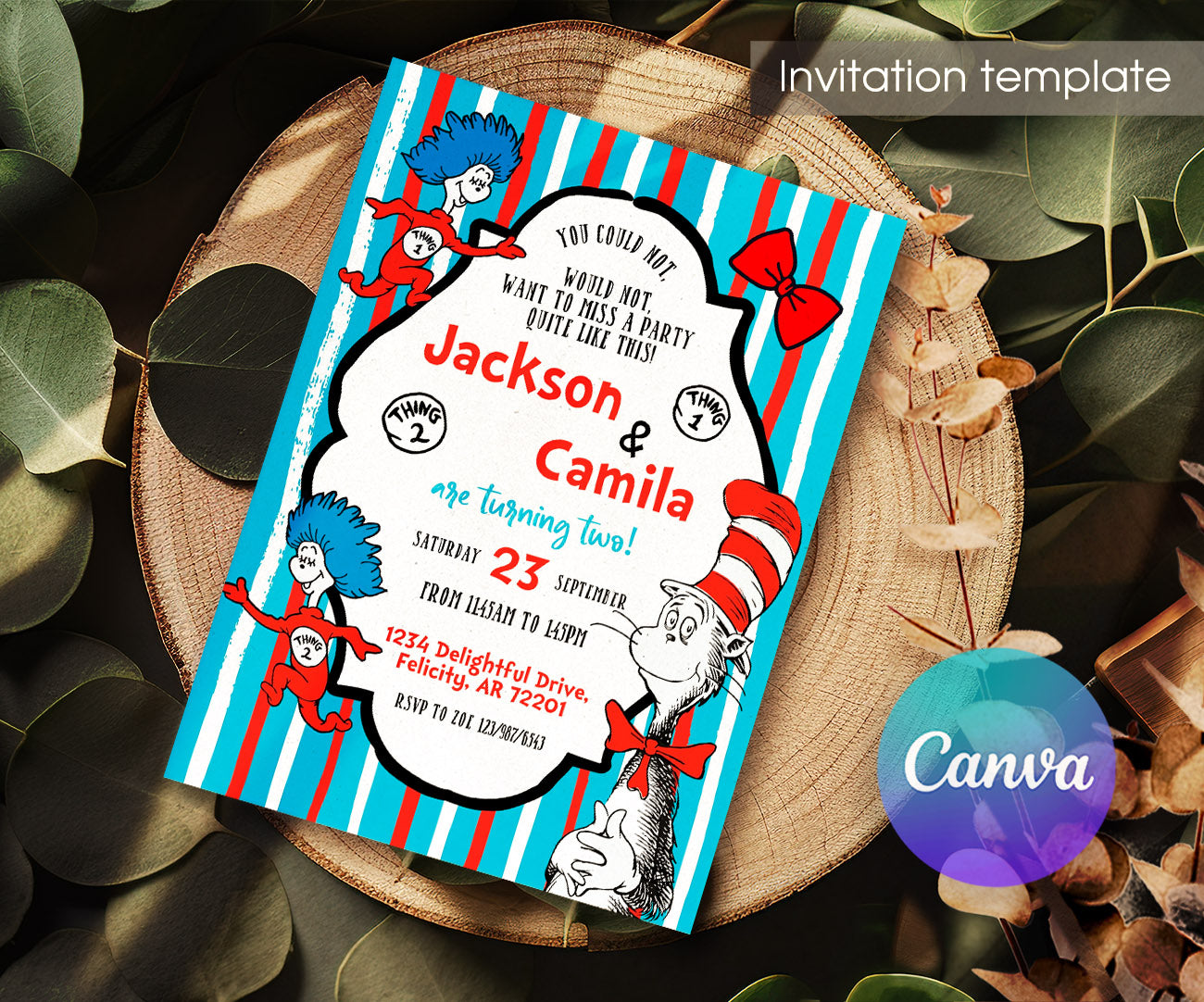 Dr Seuss The Cat in the Hat Twins customizable invitation template | Share or Print | AN725