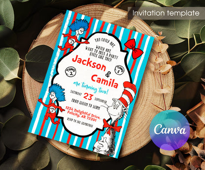 Dr Seuss The Cat in the Hat Twins customizable invitation template | Share or Print | AN725