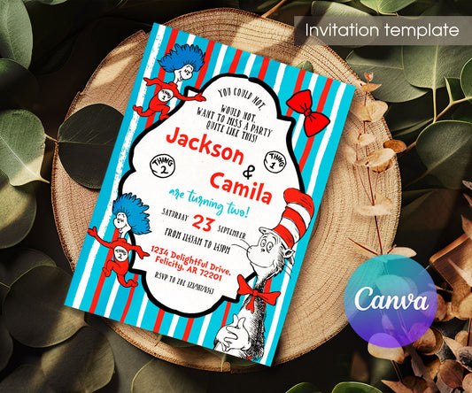Dr Seuss The Cat in the Hat Twins customizable invitation template | Share or Print | AN725