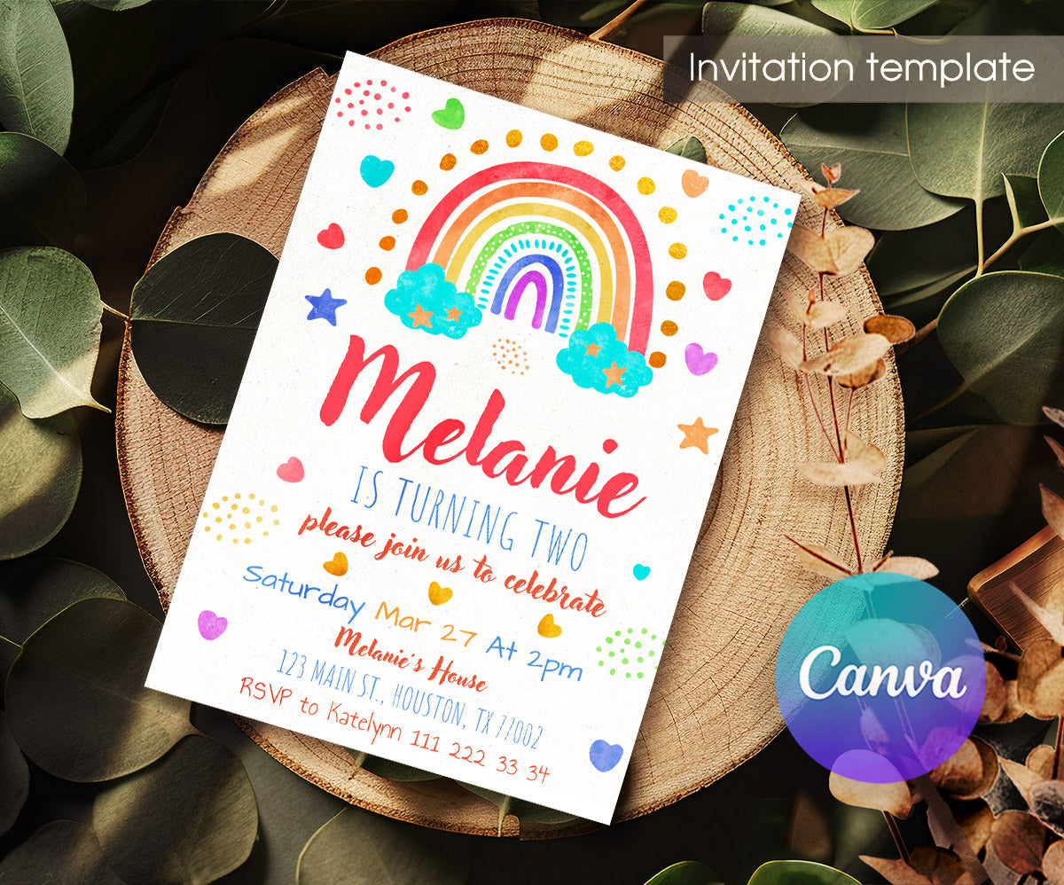 Rainbow Unicorn Party customizable invitation template | Share or Print | IR018
