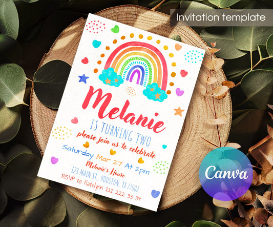 Rainbow Unicorn Party customizable invitation template | Share or Print | IR018