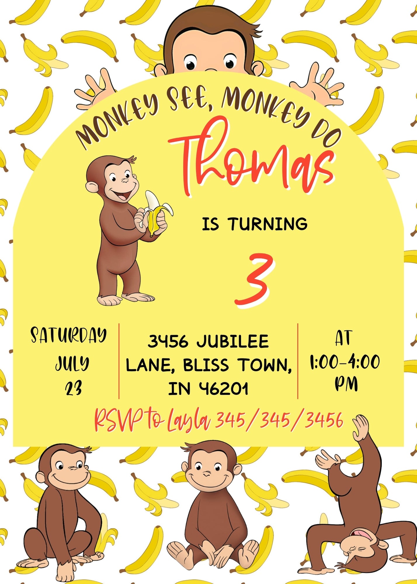 Curious George Monkey customizable invitation template | Share or Print | DT115